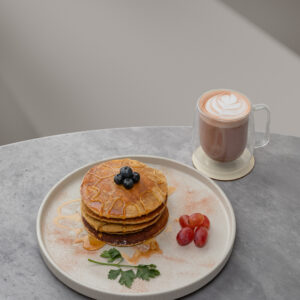 Oat Banana Protein Pancakes + Berries + Maple Syrup — ~535 kcal | Protein Boost